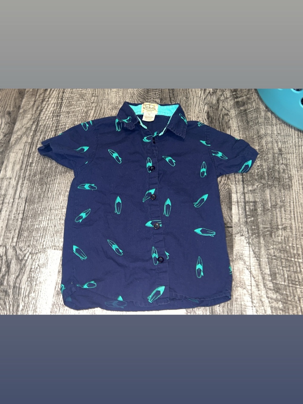 Toddler Navy Short-Sleeve Button-Down Shirt with Teal Print